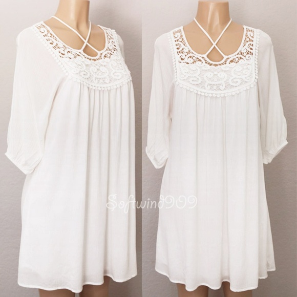 Last☝️ Ivory Crochet Lace Gauzy BOHO Peasant Dress - Picture 2 of 8